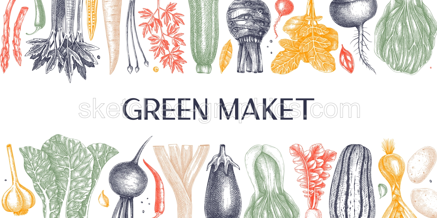 Hand-drawn vegetables vector banner design. Hand-sketched healthy food illustration. Vintage edible plants hand-drawings. Kitchen vegetables frame template in sketched style. For menu or banners Illustration